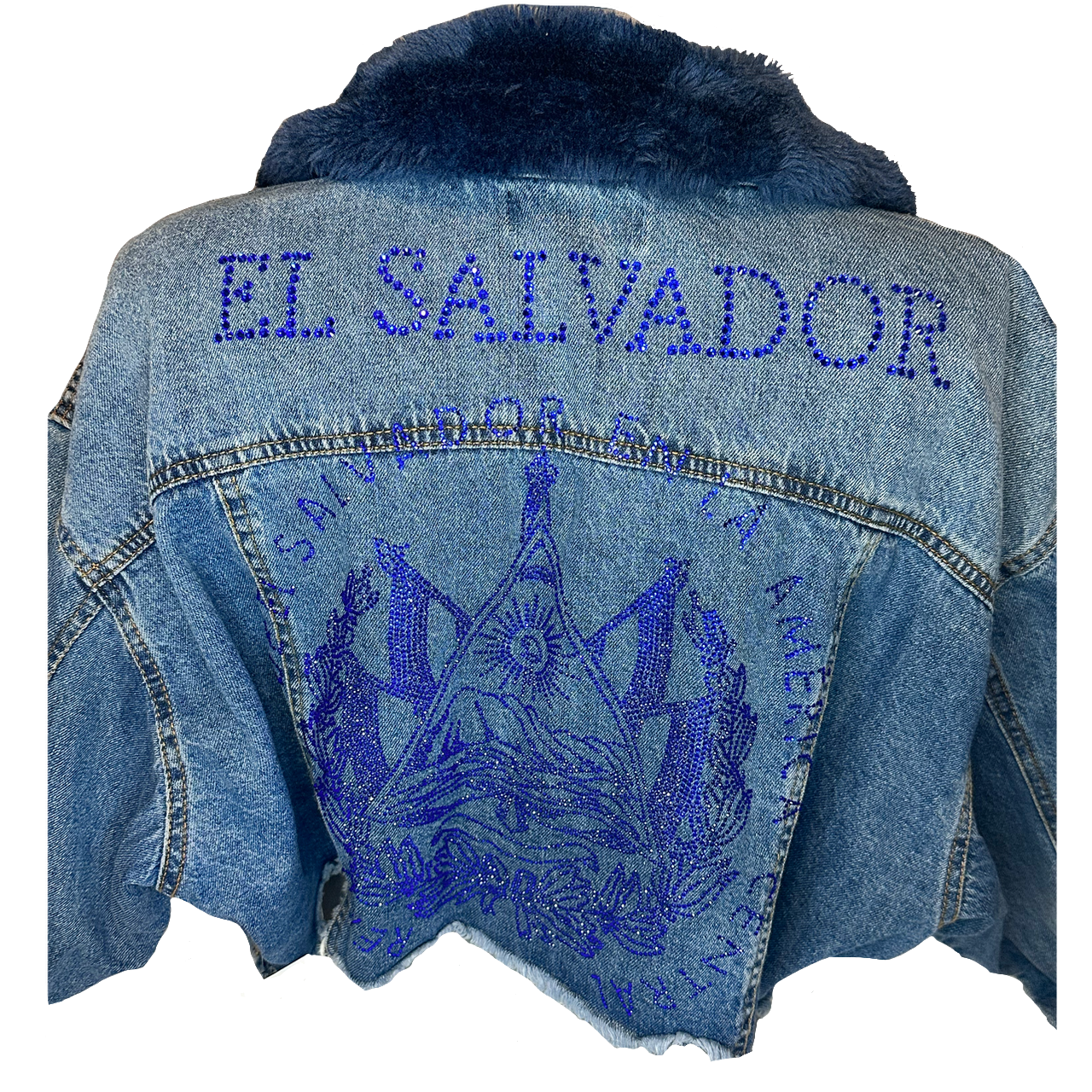Cropped Fur & Denim El Salvador Embellished Blue Logo+Lettering