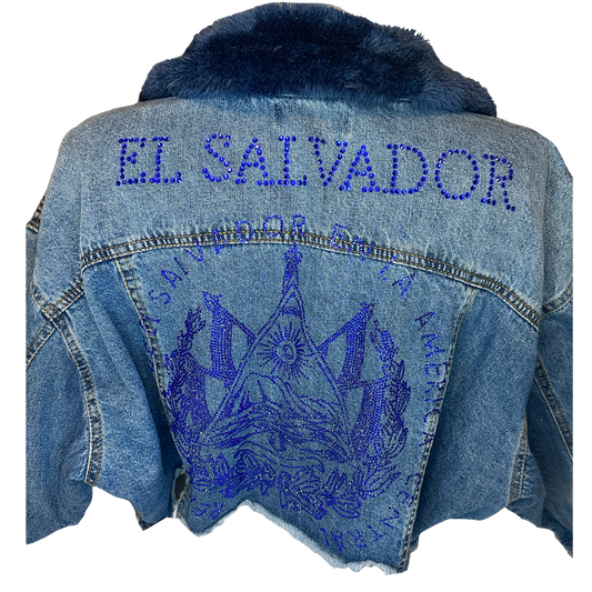 Cropped Fur & Denim El Salvador Embellished Blue Logo+Lettering